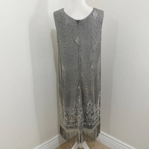 Onyx Nite Vintage Wendye Chaitin Silver Metallic Mesh Fringe Midi Dress & Duster - Picture 6 of 11
